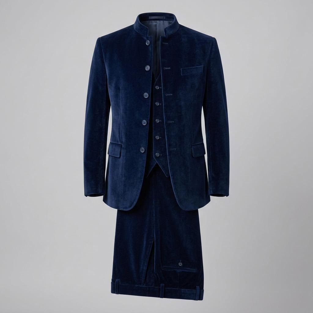 Velvet Midnight Blue Closed Neck Suit
