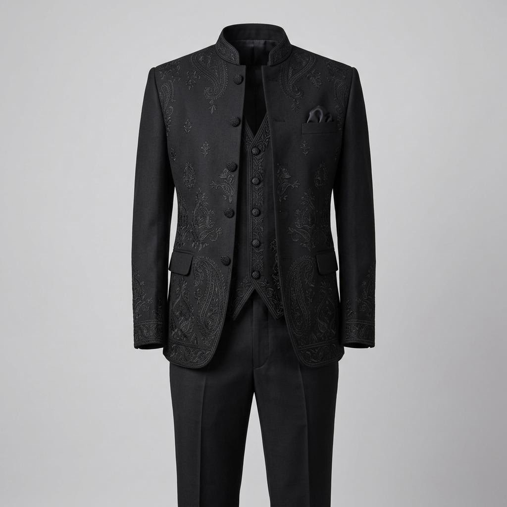 Royal Black Embroidered Closed Neck Suit