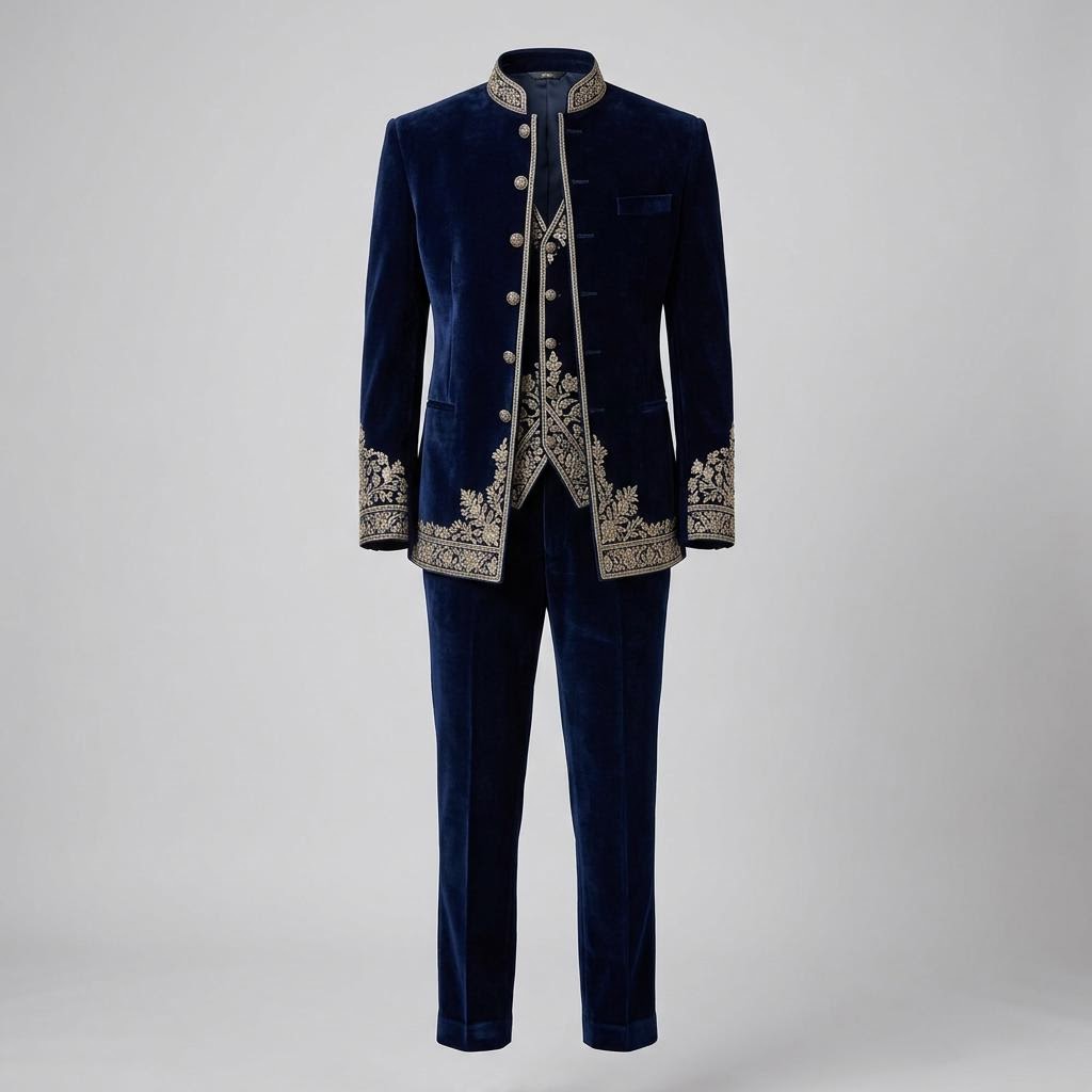 Midnight-Blue Velvet Hand Embroidered Closed Neck Suit-