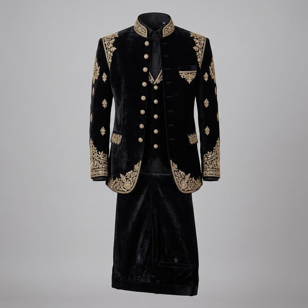 Royal Black Velvet Hand Embroidered Closed Neck Suit