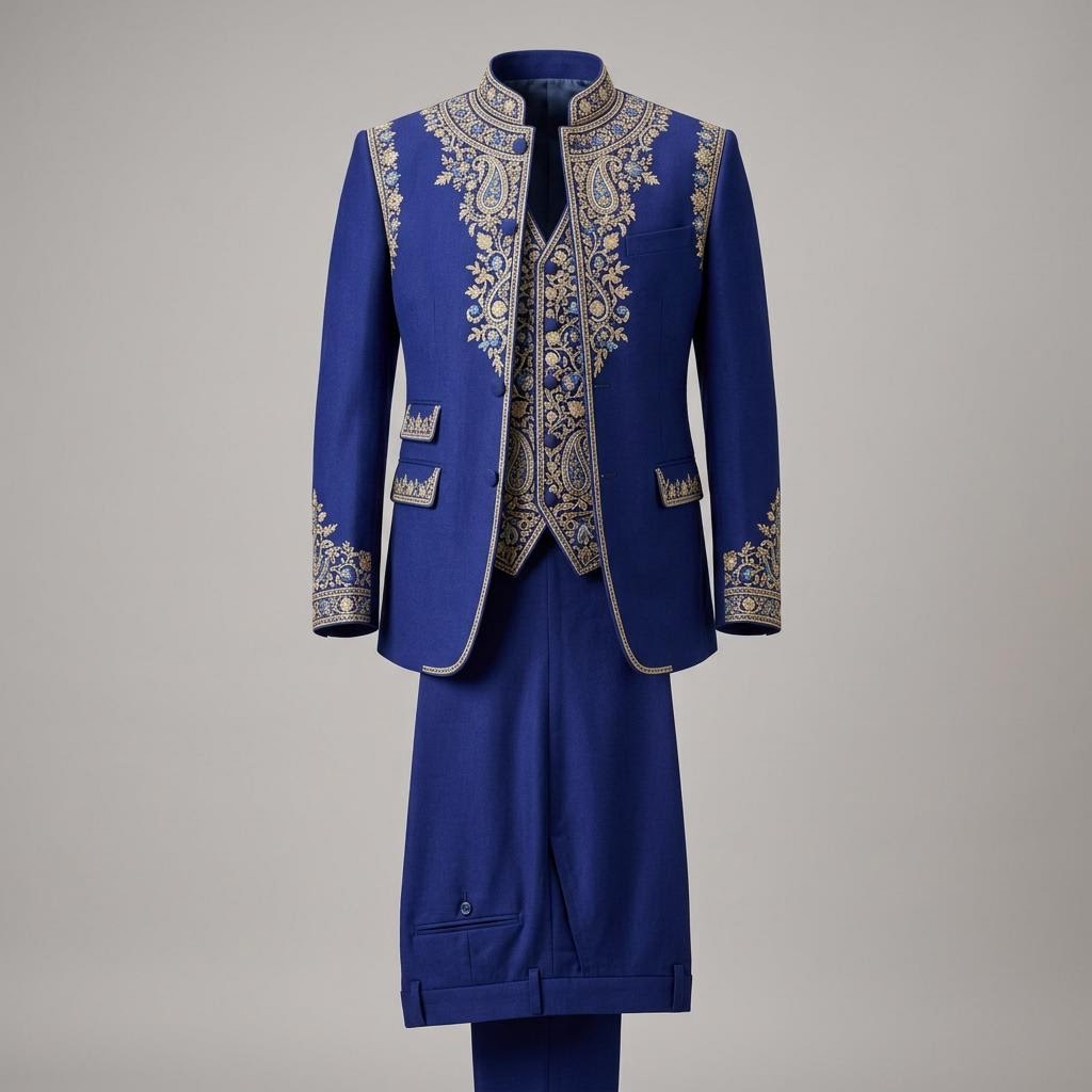 Persian Indigo Hand Embroidered Closed Neck Suit