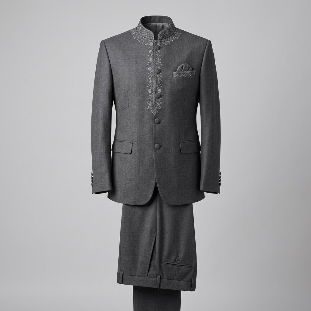 Oxford Grey Hand Embroidered Closed Neck Suit
