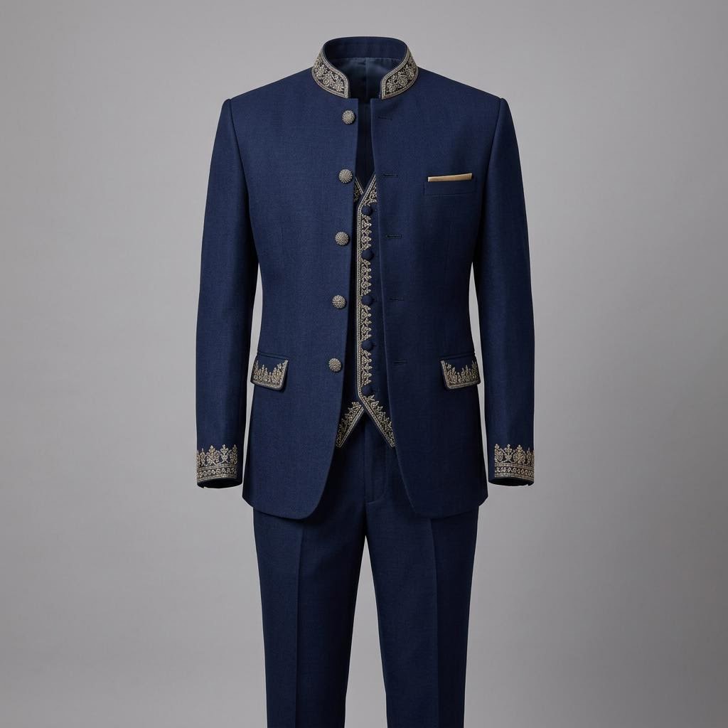 Navy-Blue Hand Embroidered Closed Neck Suit