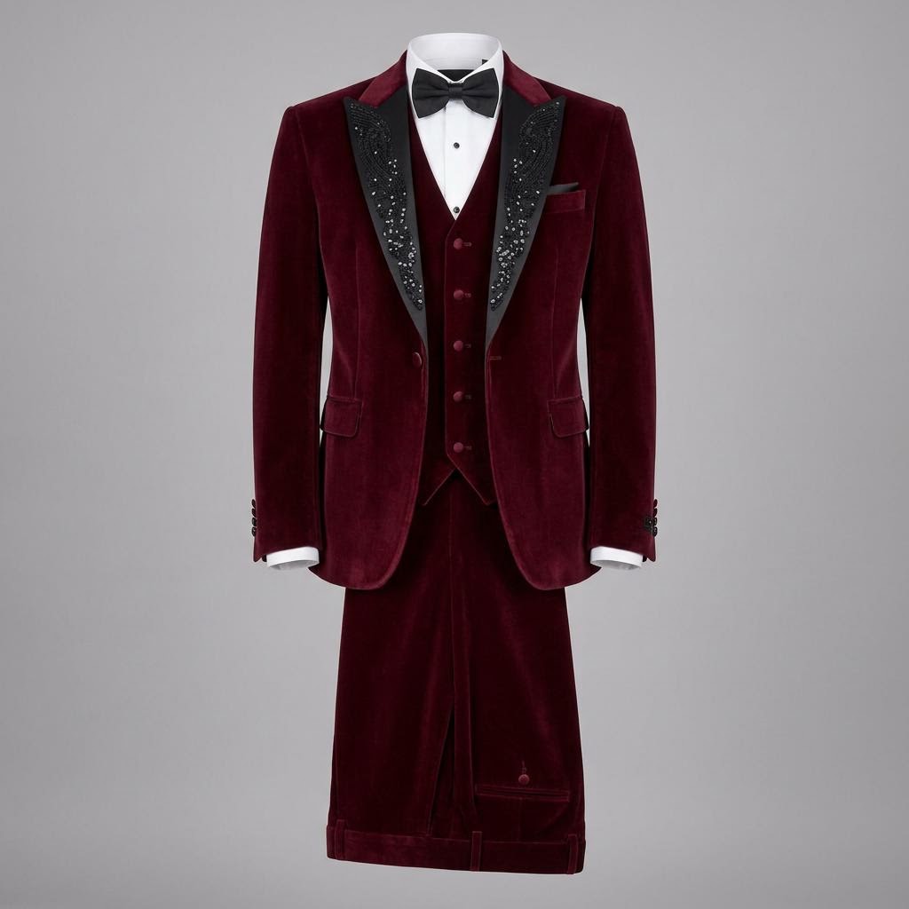 Maroon Velvet Tuxedo Suit with Sequins Embroidered