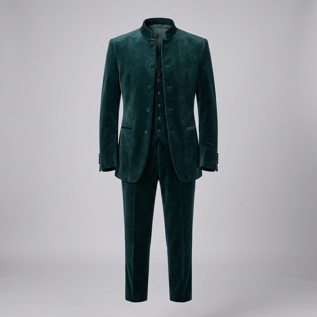 Velvet Dark Sea Green Closed Neck Suit