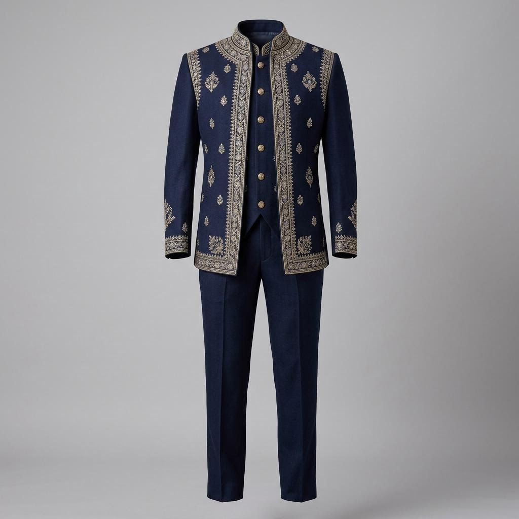 Dark Blue Embroidered Closed Neck Suit