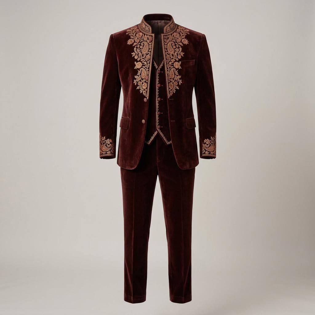 Velvet Mahogany Embroidered Closed Neck Suit