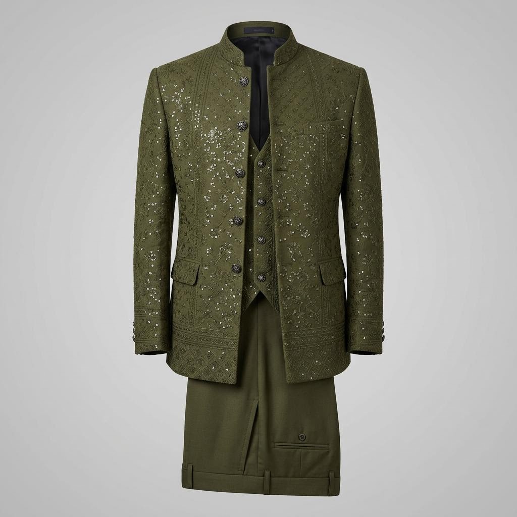 Olive Green Sequenced Closed Neck Suit
