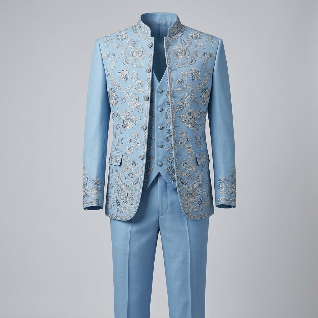Sky Blue Embroidered Closed Neck Suit