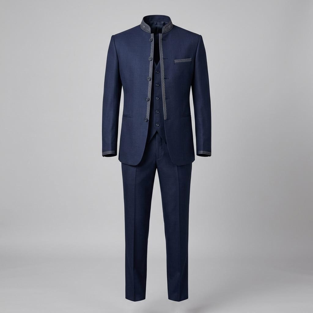 Navy Blue Embroidered Closed Neck Suit