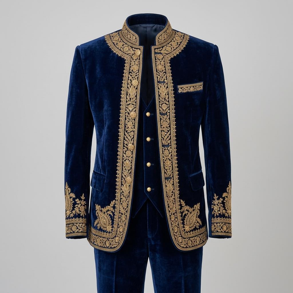 Midnight-Blue Velvet Hand Embroidered Closed Neck Suit
