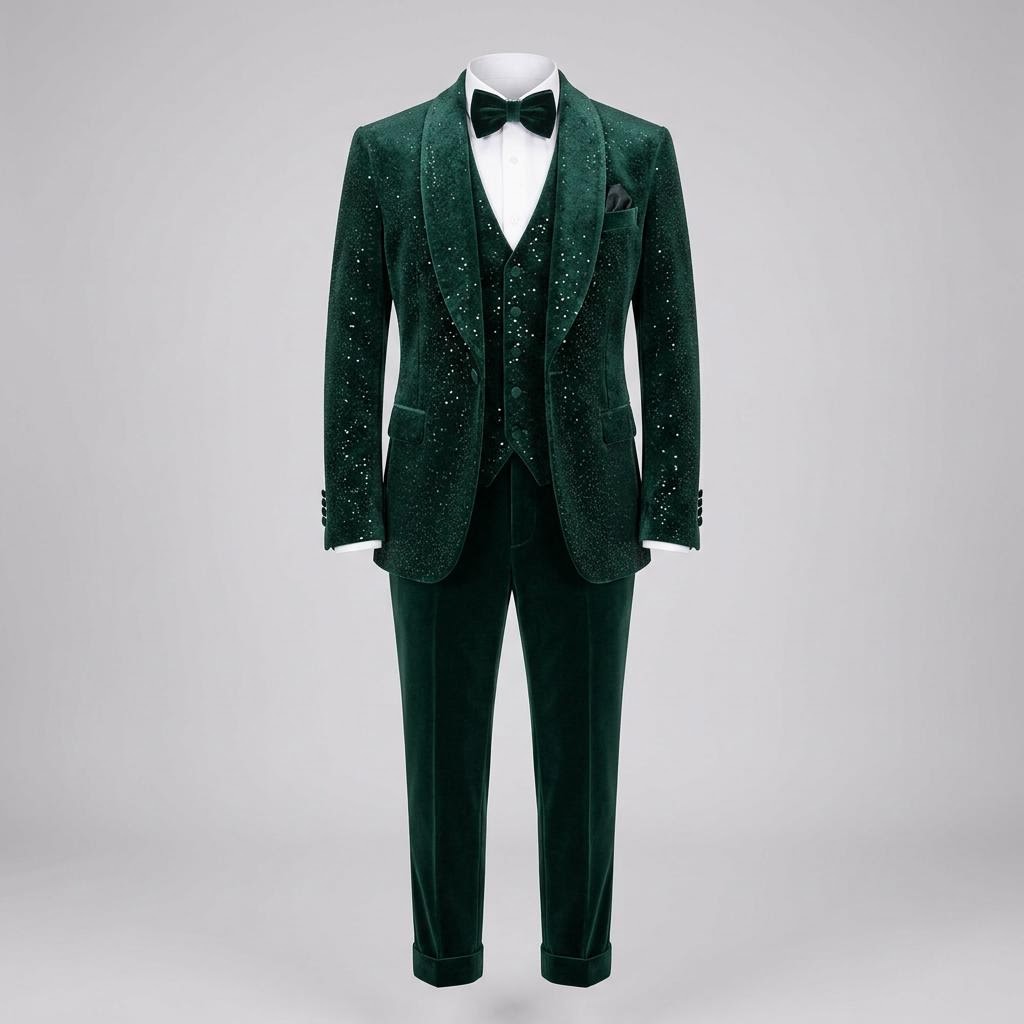 Hunter Green Sequins Velvet Tuxedo Suit