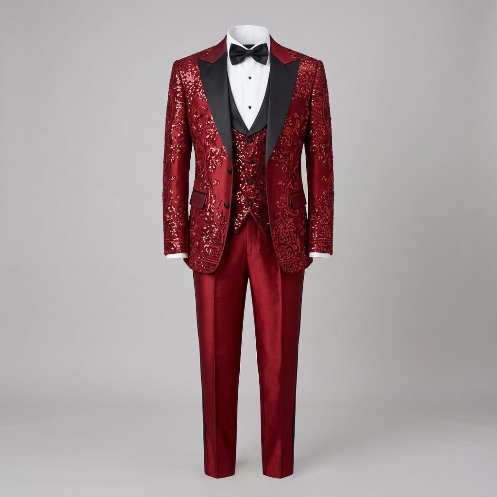 Red Sequins Hand Embroidered Silk Tuxedo Suit