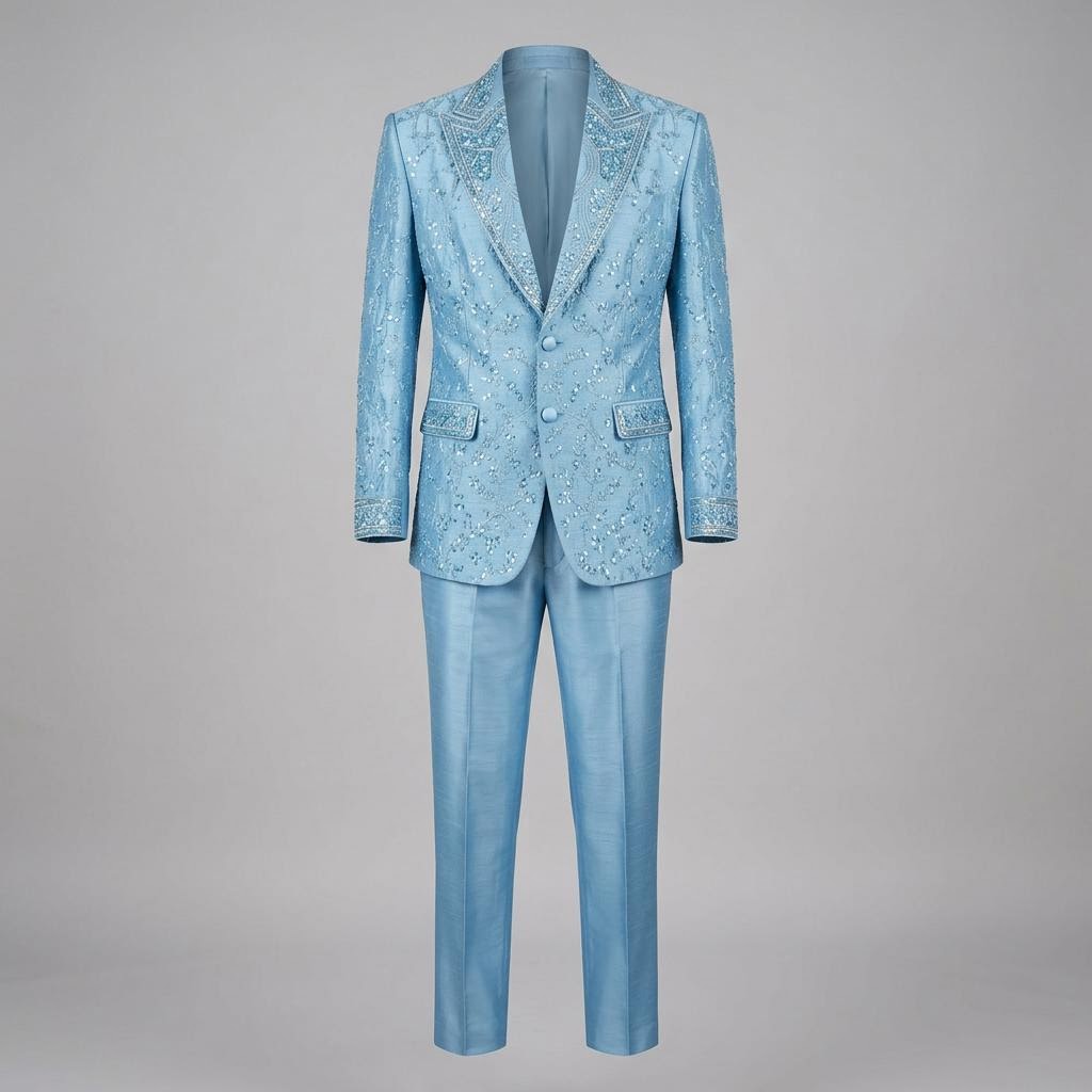 Sky Blue Sequins Hand Embroidered Silk Tuxedo Suit