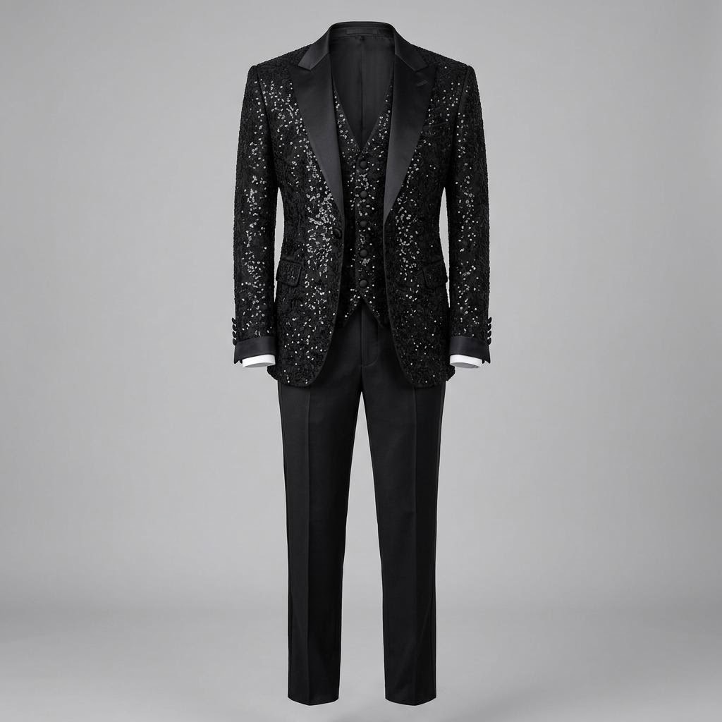 Black Sequins Hand Embroidered Silk Tuxedo Suit
