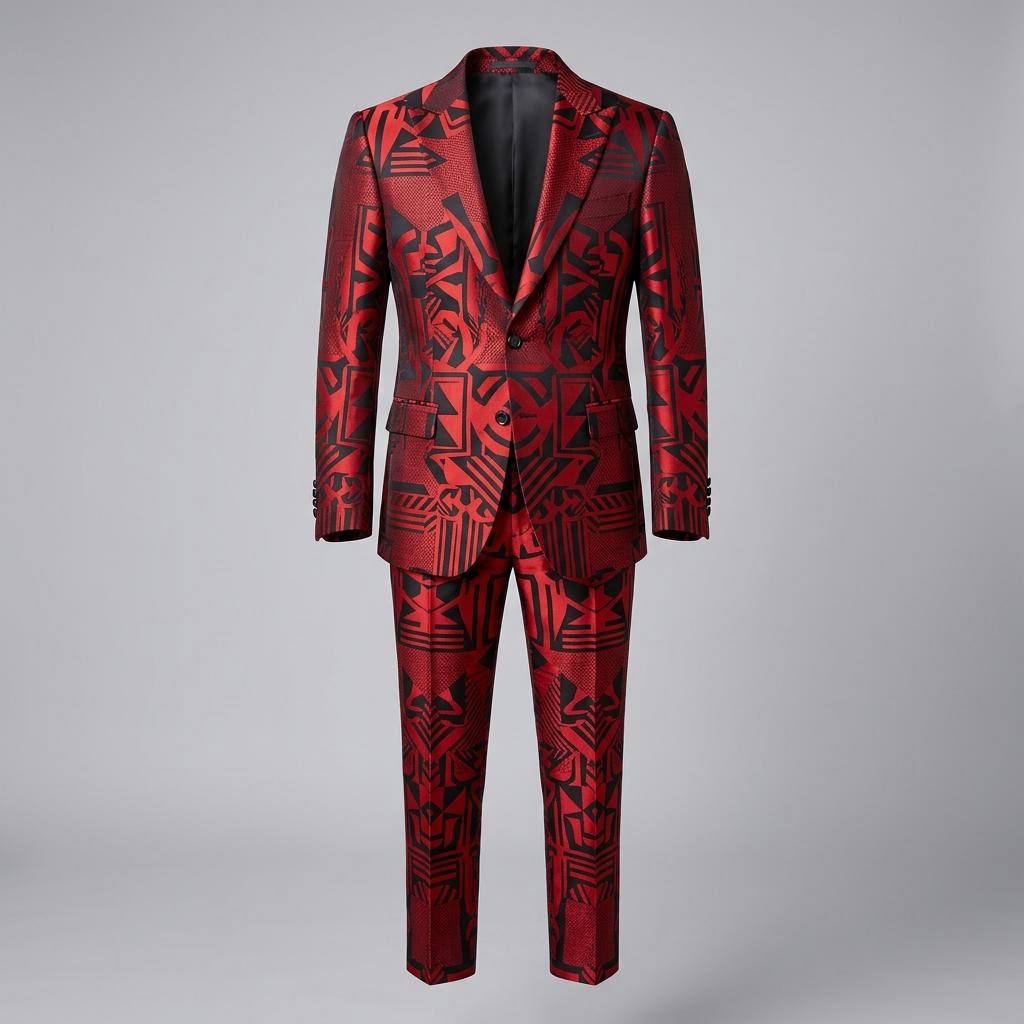 Red and Black Printed Silk Collared Suit