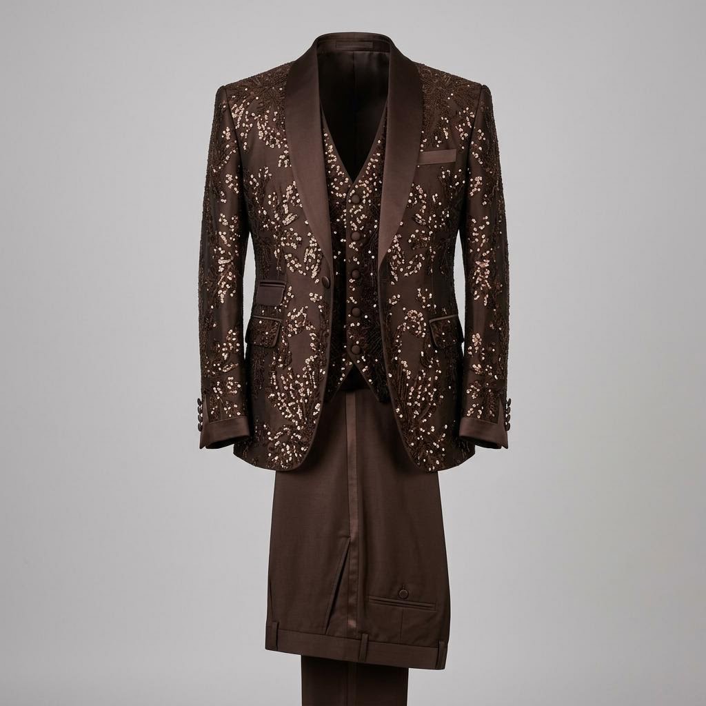 Brunette Sequins Hand Embroidered Silk Tuxedo Suit