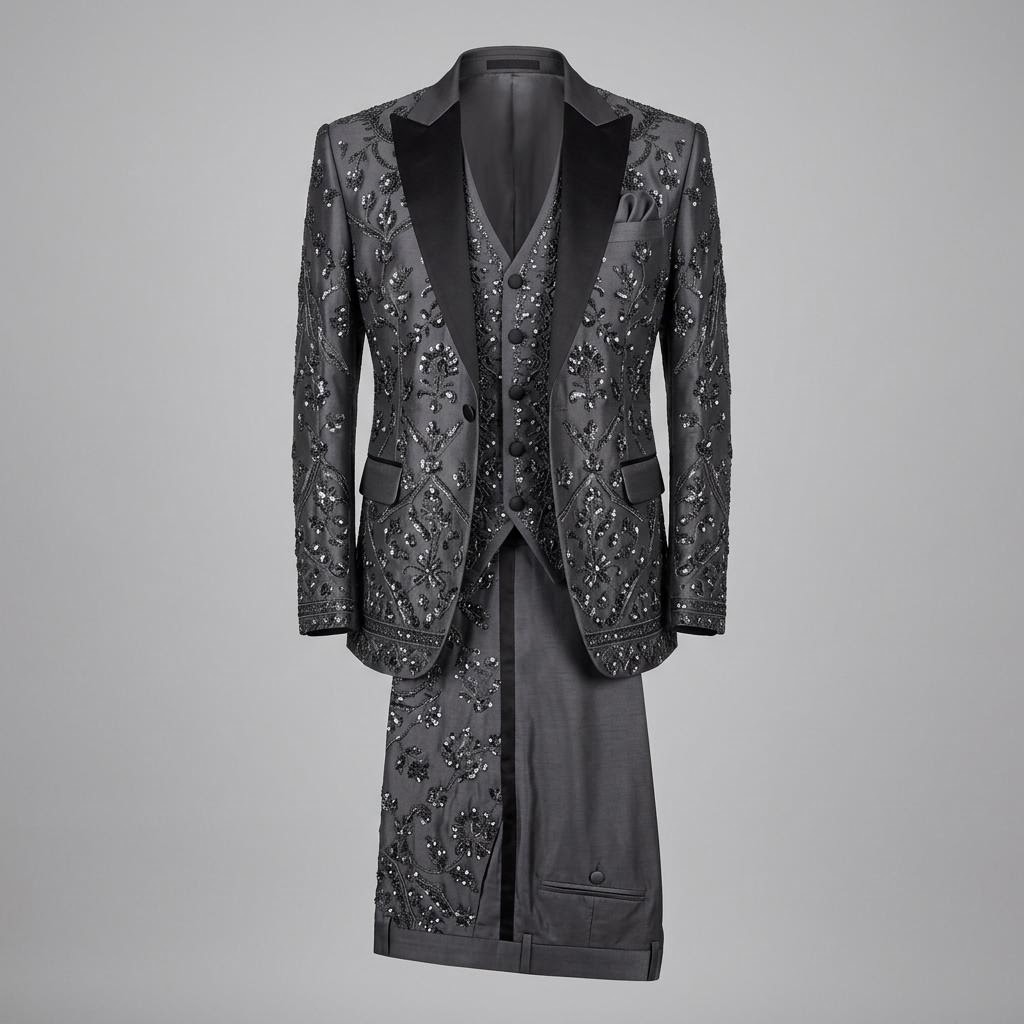 Dark Grey Sequins Hand Embroidered Silk Tuxedo Suit
