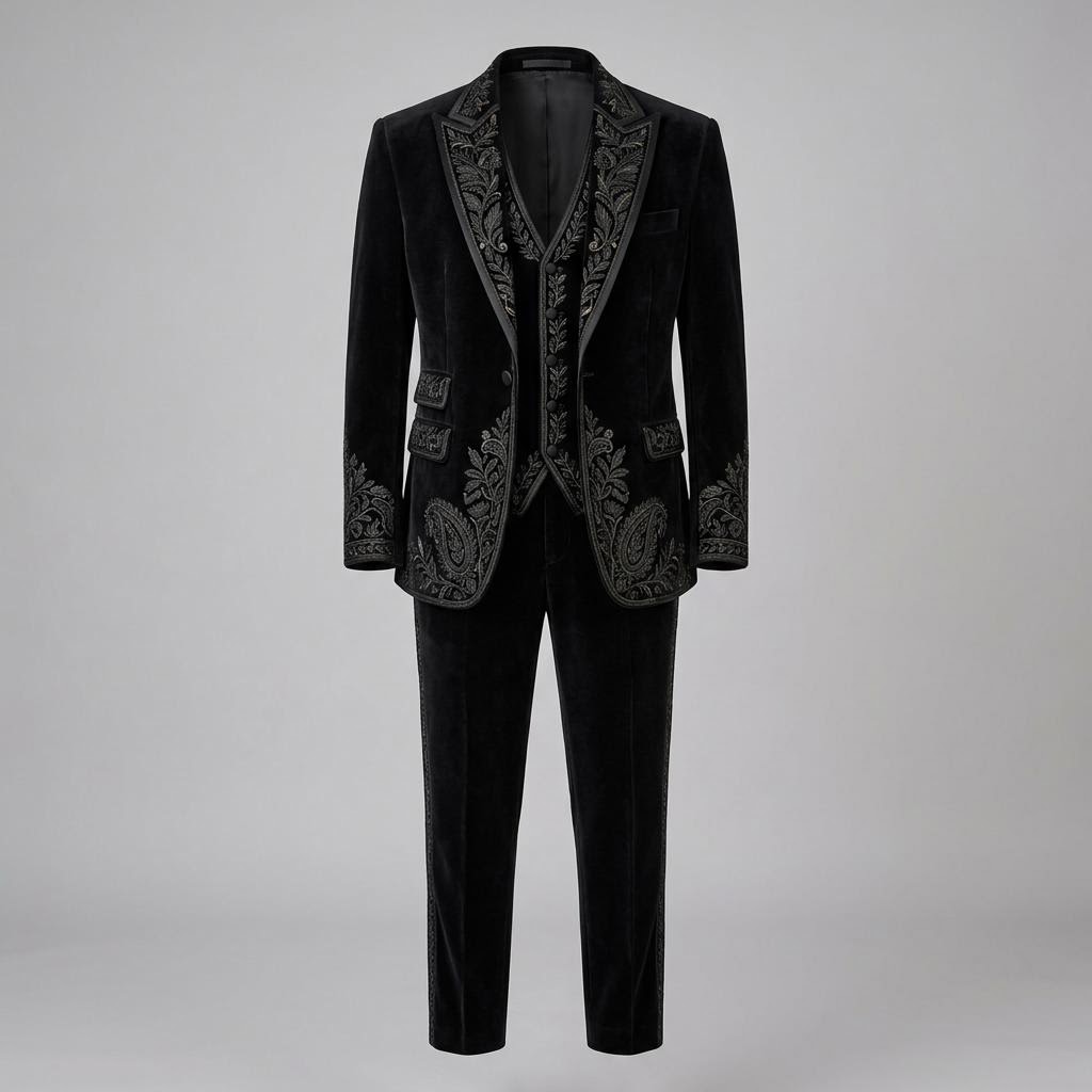 Black Hand Embroidered Velvet Tuxedo Suit