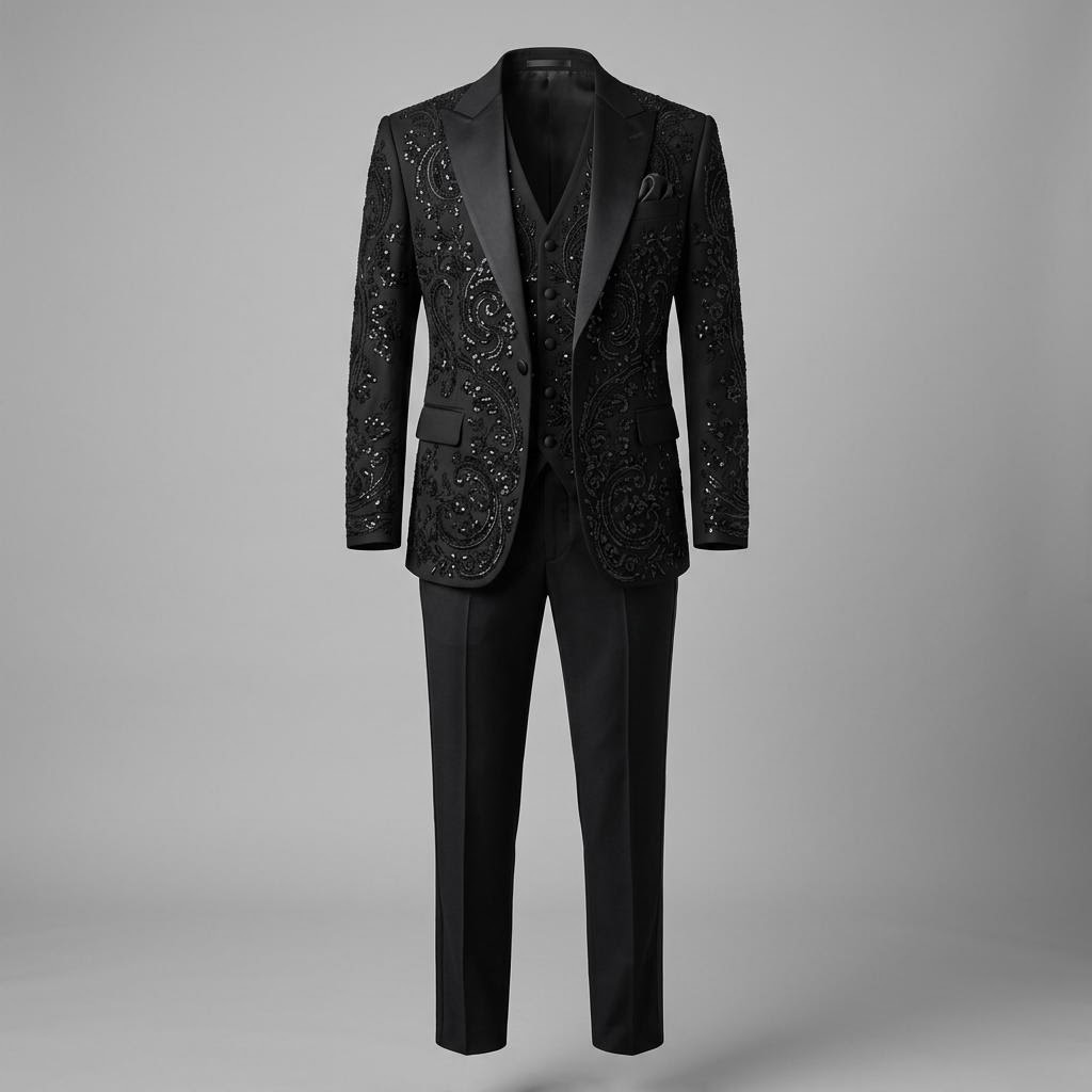 Black Sequins Hand Embroidered Italian Tier Tuxedo Suit