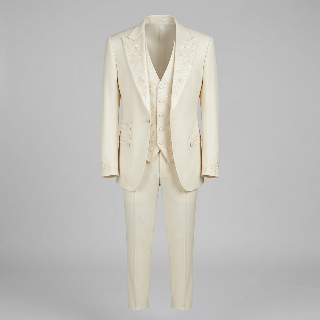 Cream Sequins Hand Embroidered Italian Tier Tuxedo Suit