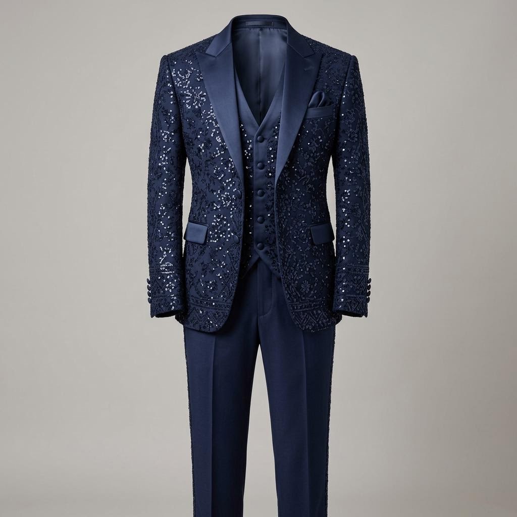 Navy Blue Sequins Embroidered Tuxedo Suit