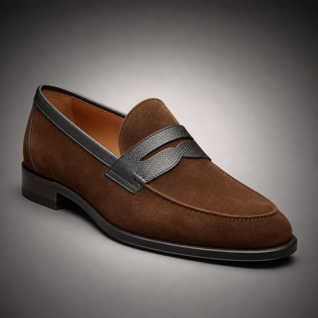 Brown Suede Penny Loafers With Black Grain