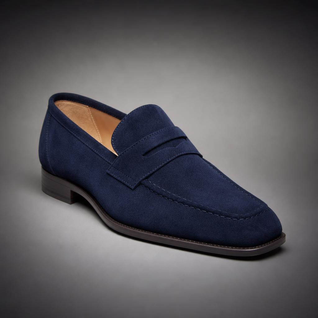 Navy Suede Square Toe Penny Loafer